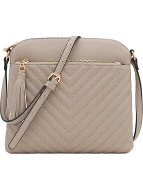 Women's Travertine Chevron Quilted Medium Tassel Accent Shoulder Crossbody Bag
